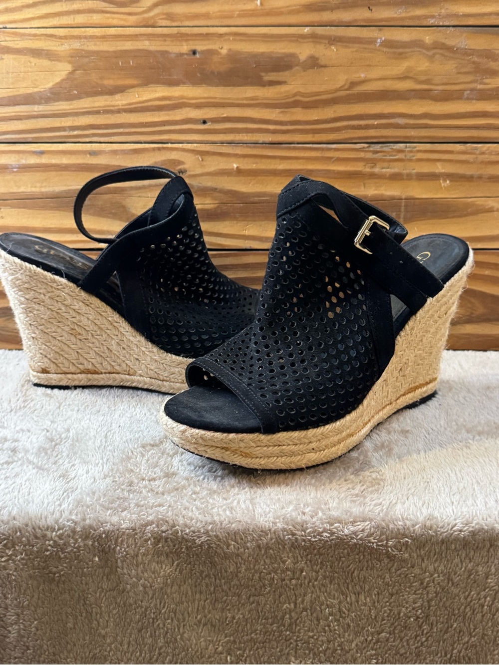 Guess Black Perforated Espadrille Wedge Sandals